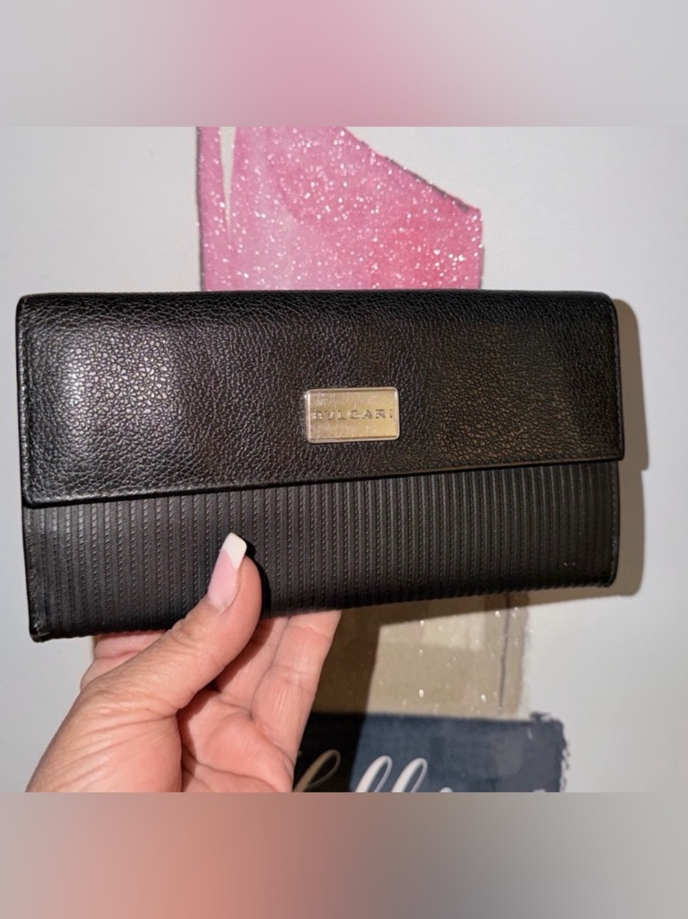 Bvlgari 🖤 Logomania Black Canvas and Leather Unisex Trifold Long Wallet